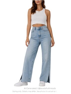 Light Wash Ultra High Rise Wide Leg Jeans Slit Hem Relaxed Y2K Denim